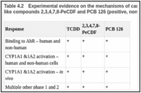 Table 4.2. Experimental evidence on the mechanisms of carcinogenesis for TCDD and the dioxin-like compounds 2,3,4,7,8-PeCDF and PCB 126 (positive, non-determined, and indirect).